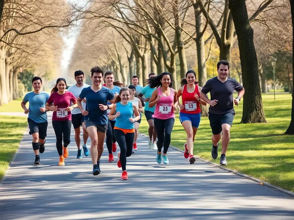 A diverse group of people participating in a community run, emphasizing the organization's commitment to promoting health and fitness for everyone.