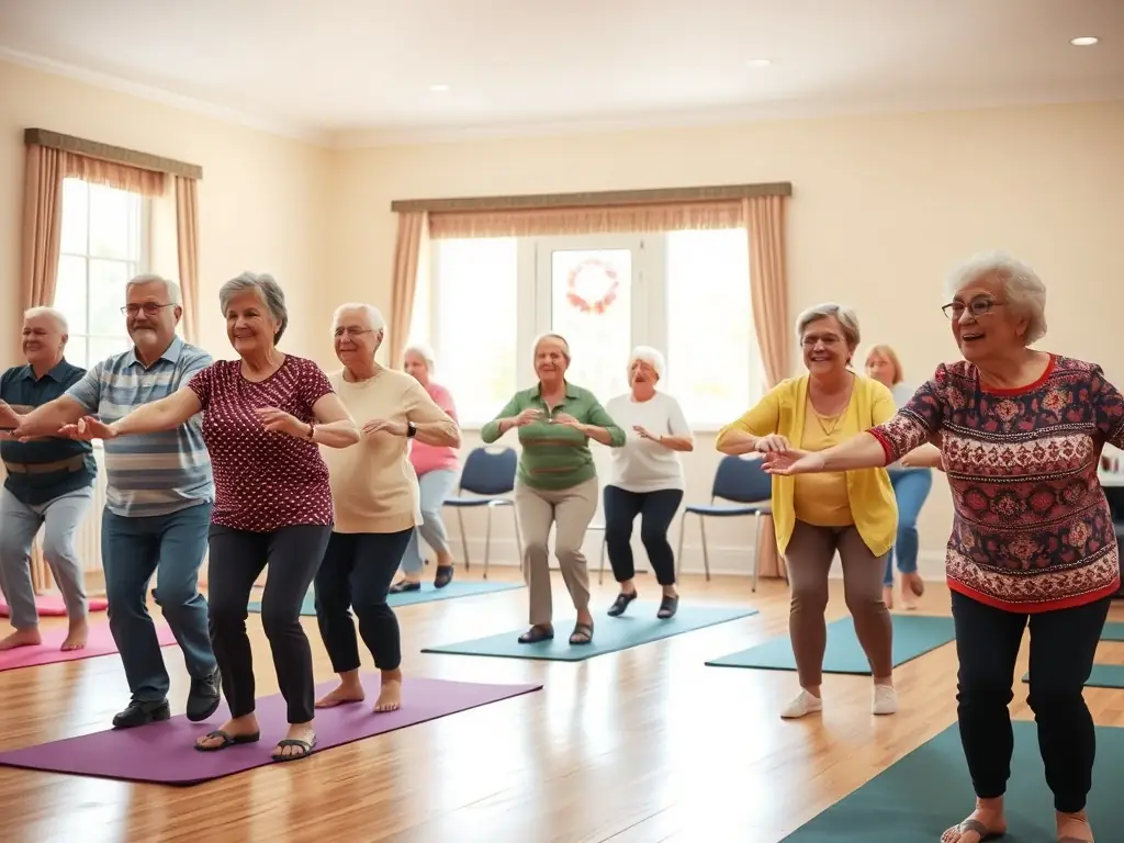 A group of seniors engaged in adapted physical activities in a park, highlighting the organization's dedication to providing accessible fitness options for older adults.