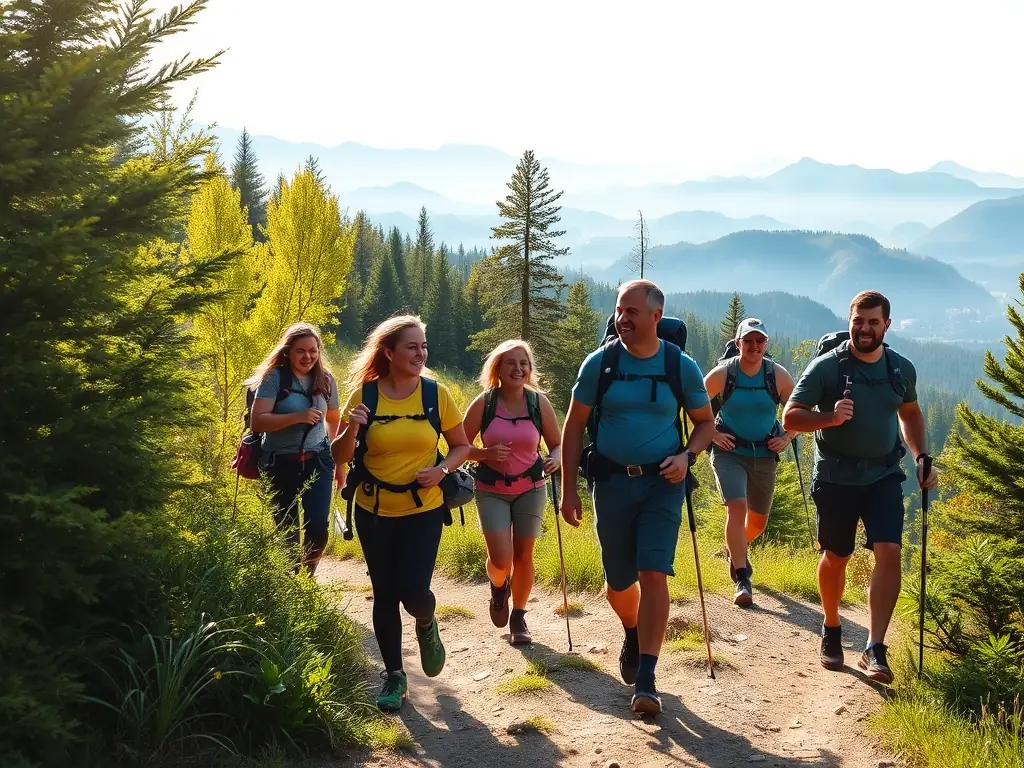 A group of diverse individuals participating in a guided hike through a lush forest, showcasing the community aspect and the beauty of nature.