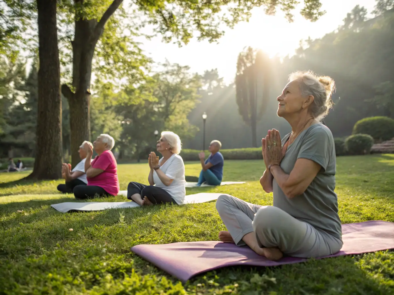A group of seniors participating in adapted physical activities in a park, with a qualified instructor guiding them, emphasizing the organization's commitment to accessible fitness.