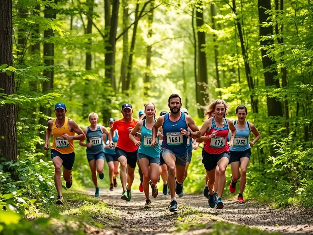 A diverse group of individuals participating in a community run, jogging through a park with trees and greenery in the background. They are wearing athletic clothing and appear to be enjoying the exercise.