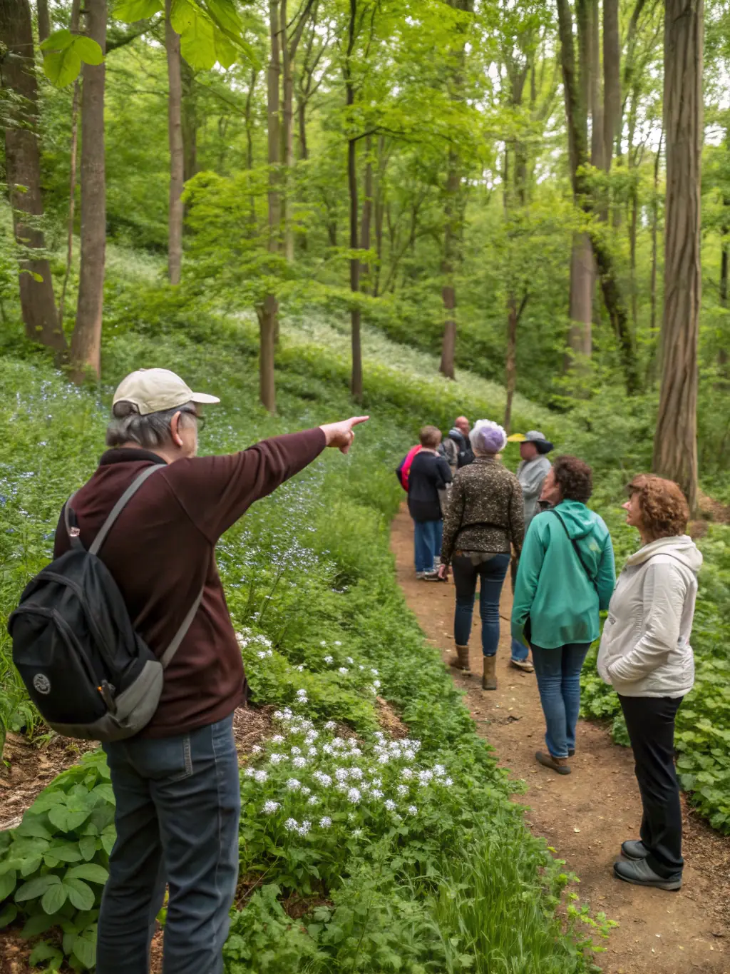 An image of a group of people participating in a guided nature walk through the Allogny forest, led by an experienced guide, highlighting the beauty of the local environment.