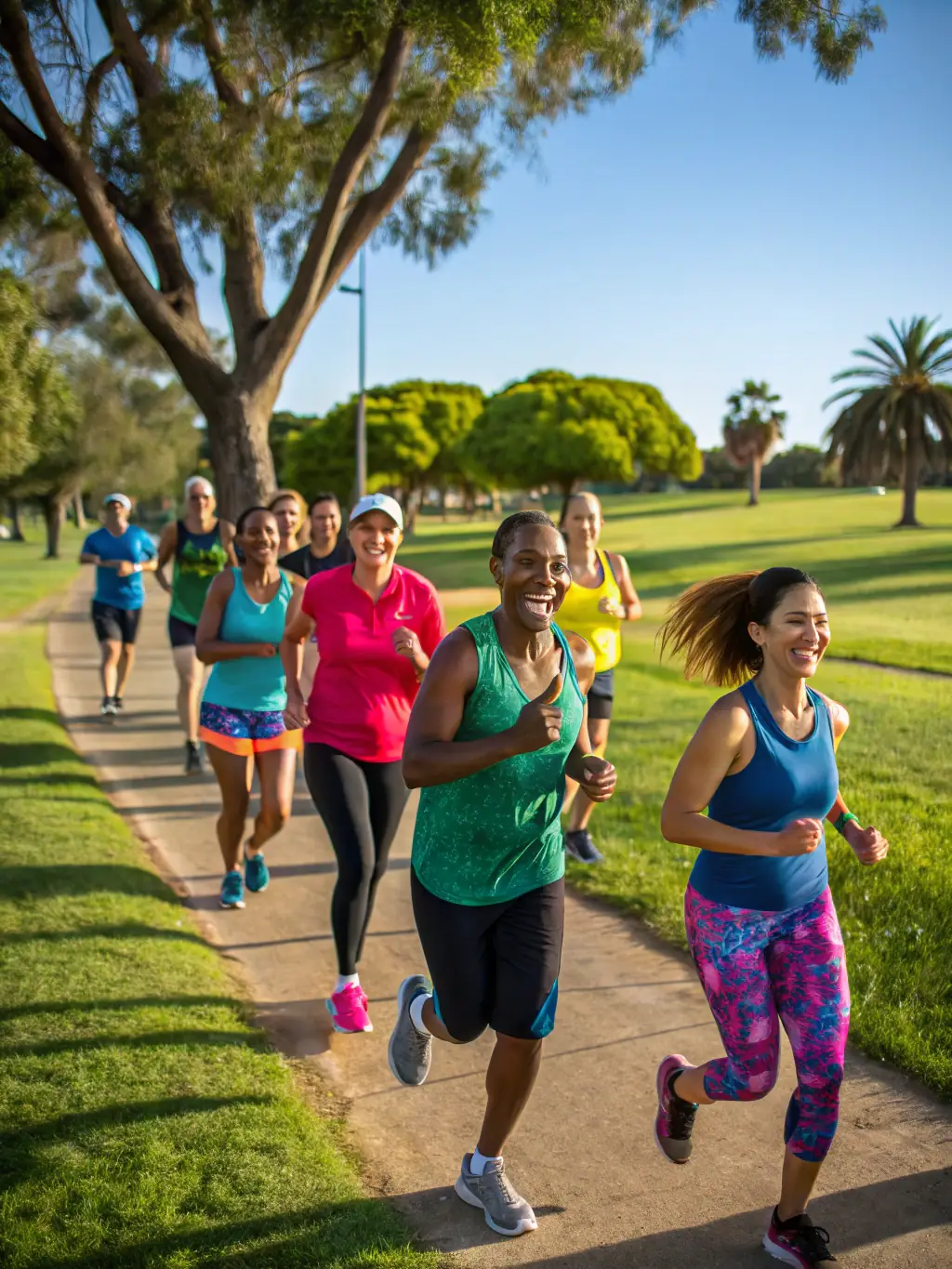 A photograph of people laughing and interacting during a community run, emphasizing the social connections formed through ALLOGNY SPORTS DETENTE ET LOISIRS.