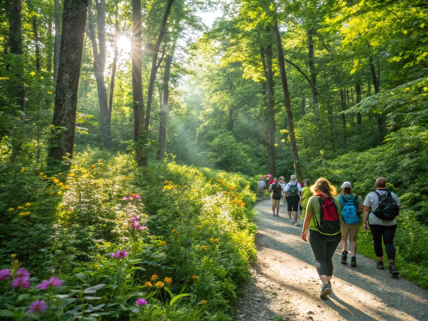 A group of diverse individuals participating in a guided hike through a lush forest, showcasing the natural beauty of Allogny and the camaraderie of the group.