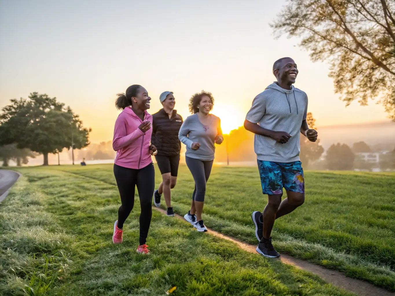 A diverse group of people participating in a community run, with smiles on their faces, demonstrating the inclusive and supportive environment of ALLOGNY SPORTS DETENTE ET LOISIRS.