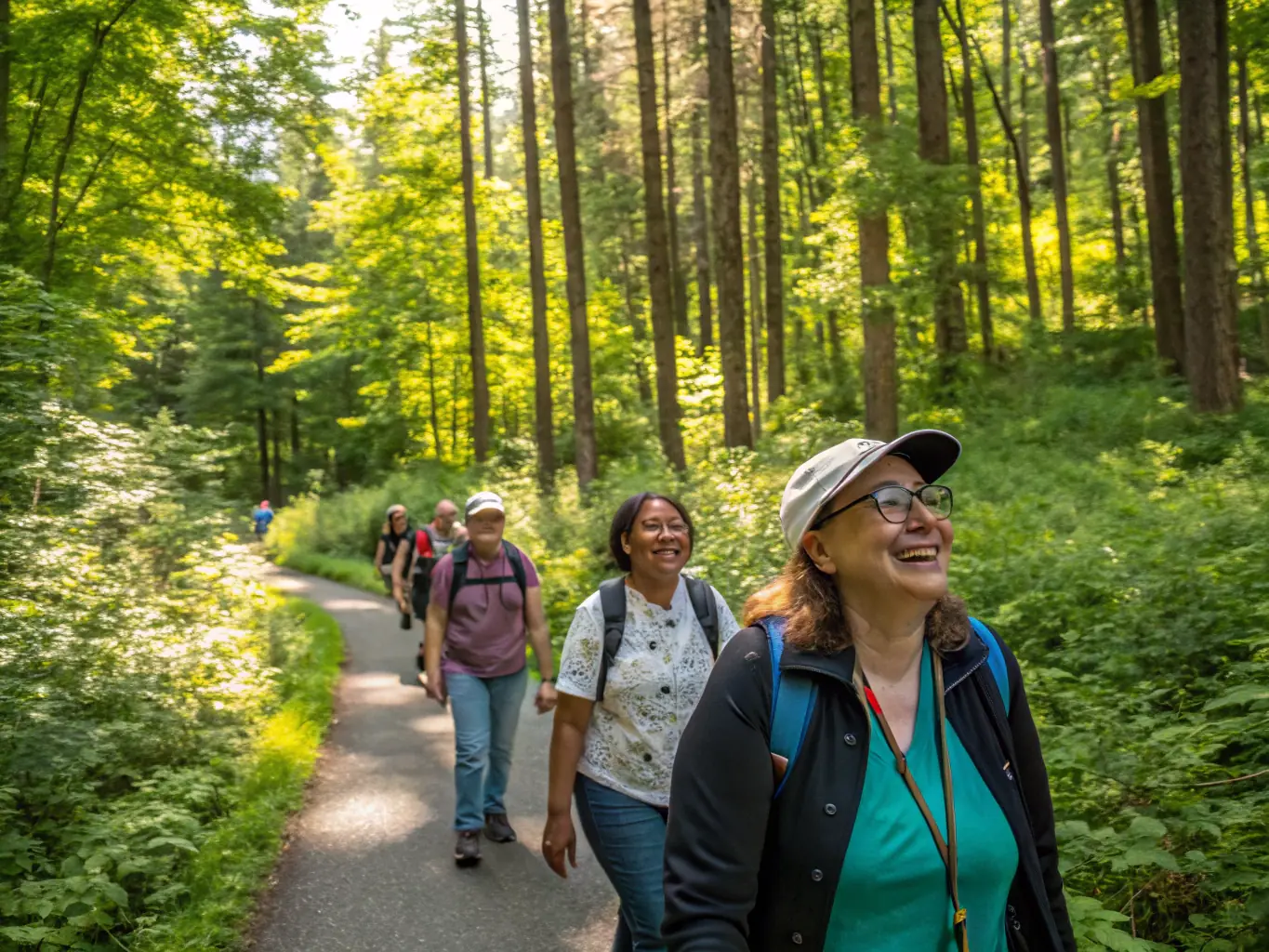 A group of people of various ages and abilities participating in a guided hike through a scenic forest, led by an experienced guide. The sun is shining, and everyone is smiling and enjoying the natural surroundings.