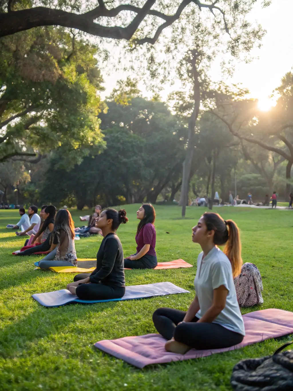 A serene image of participants engaged in a wellness activity, such as yoga or tai chi, in a park setting, reflecting the organization's commitment to holistic well-being.