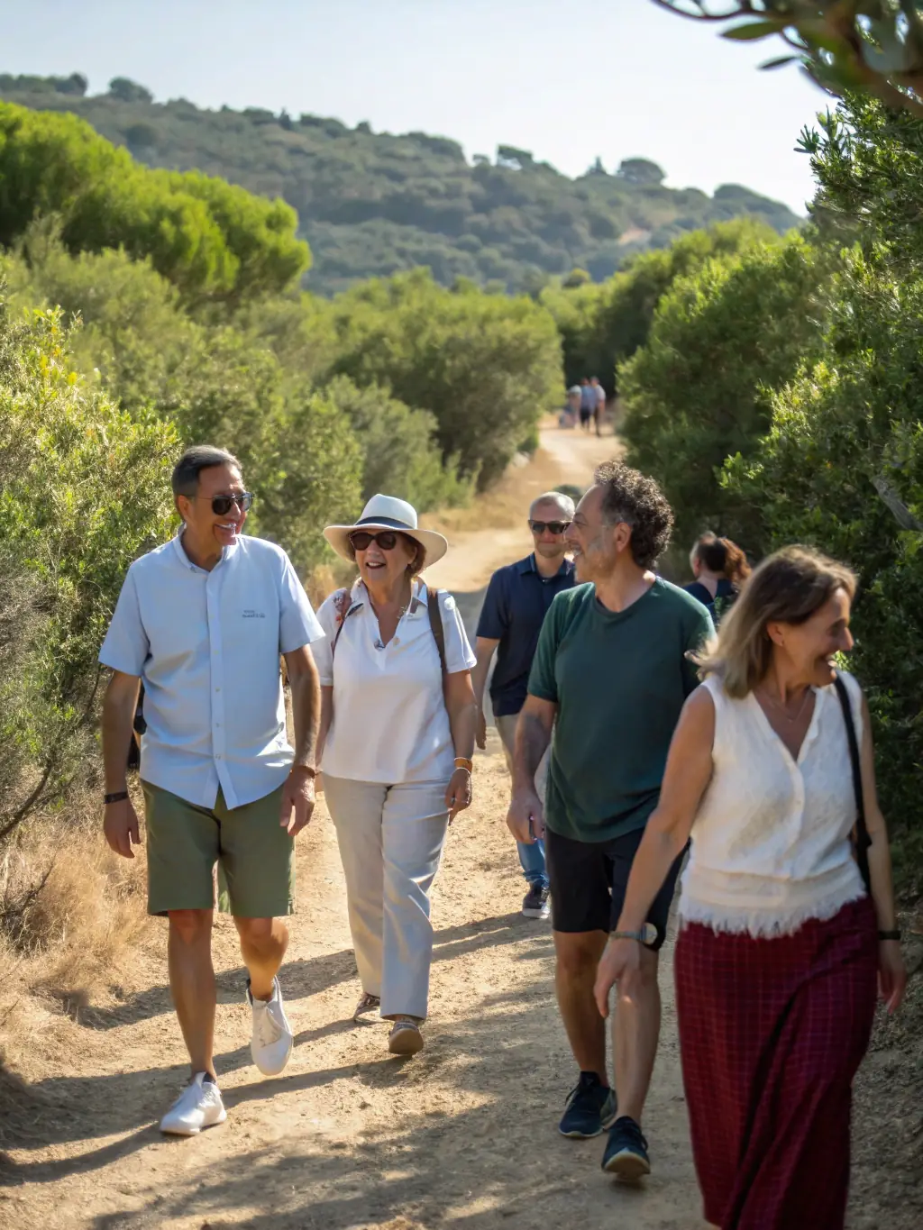 A group of diverse individuals participating in a guided hike through a local forest, showcasing the organization's commitment to promoting health and well-being through outdoor activities.