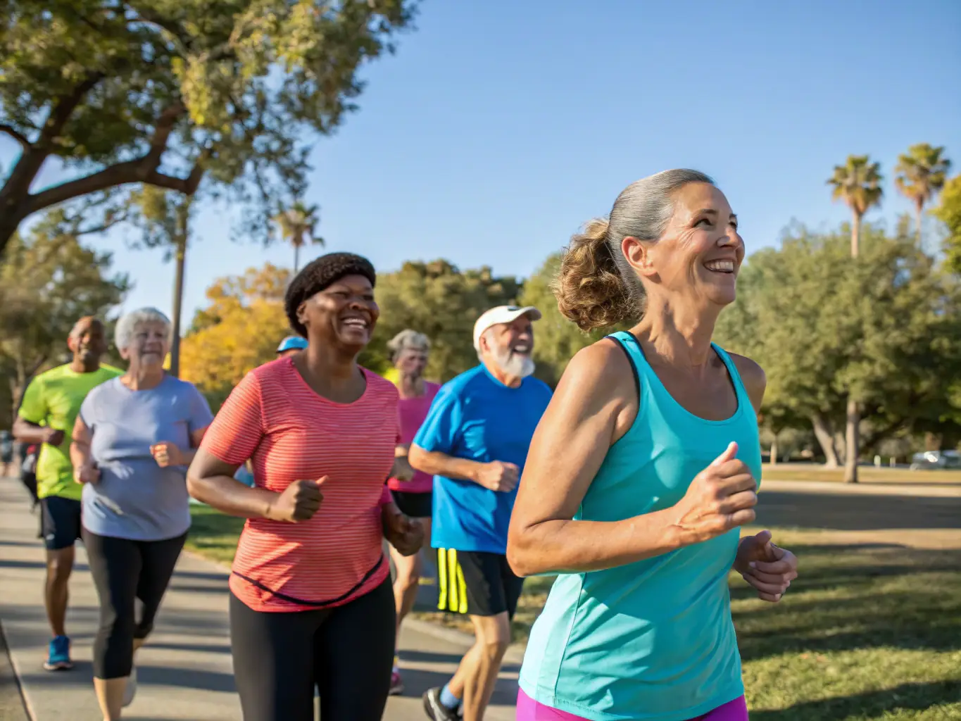 A photograph capturing a group of people laughing and interacting during a community run, emphasizing the social benefits of joining.