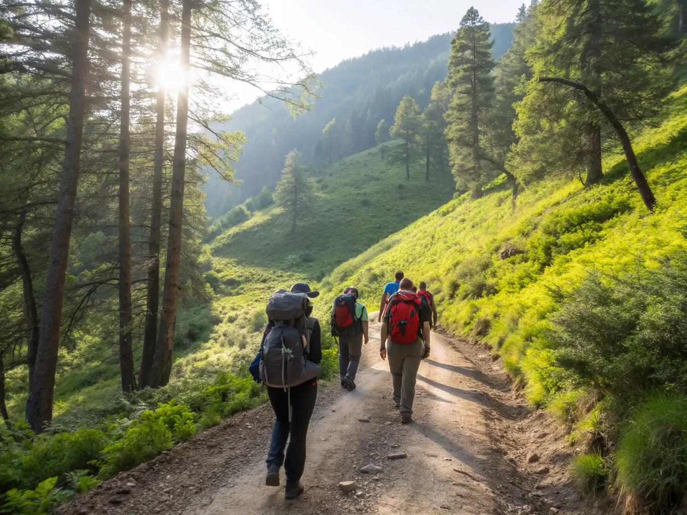 A group of diverse individuals participating in a guided hike through a lush forest, showcasing the inclusive nature of ALLOGNY SPORTS DETENTE ET LOISIRS's outdoor activities.