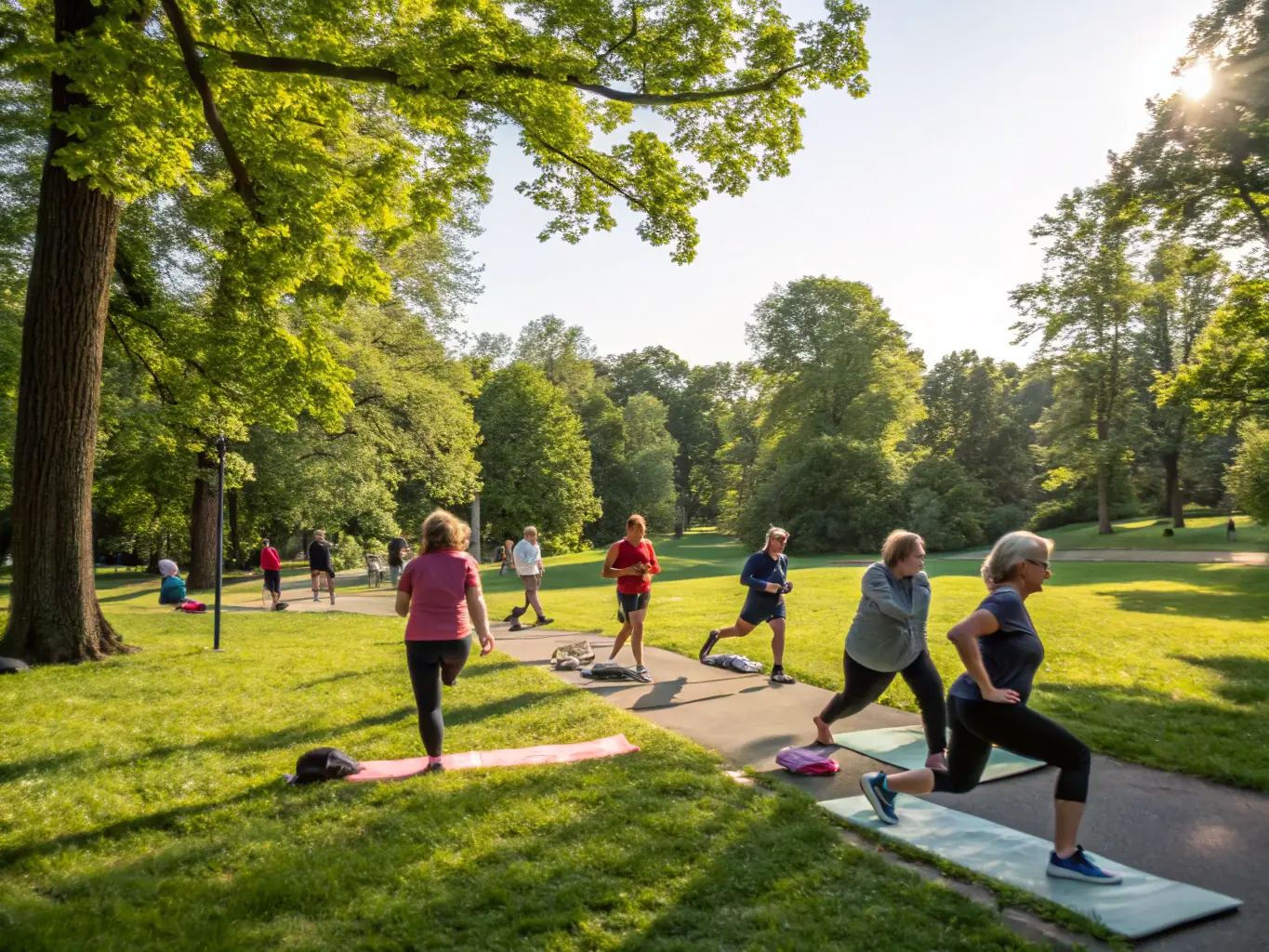 A group of seniors participating in adapted physical activities in a park, led by a qualified instructor. They are using light weights and resistance bands, and appear to be enjoying the exercise.