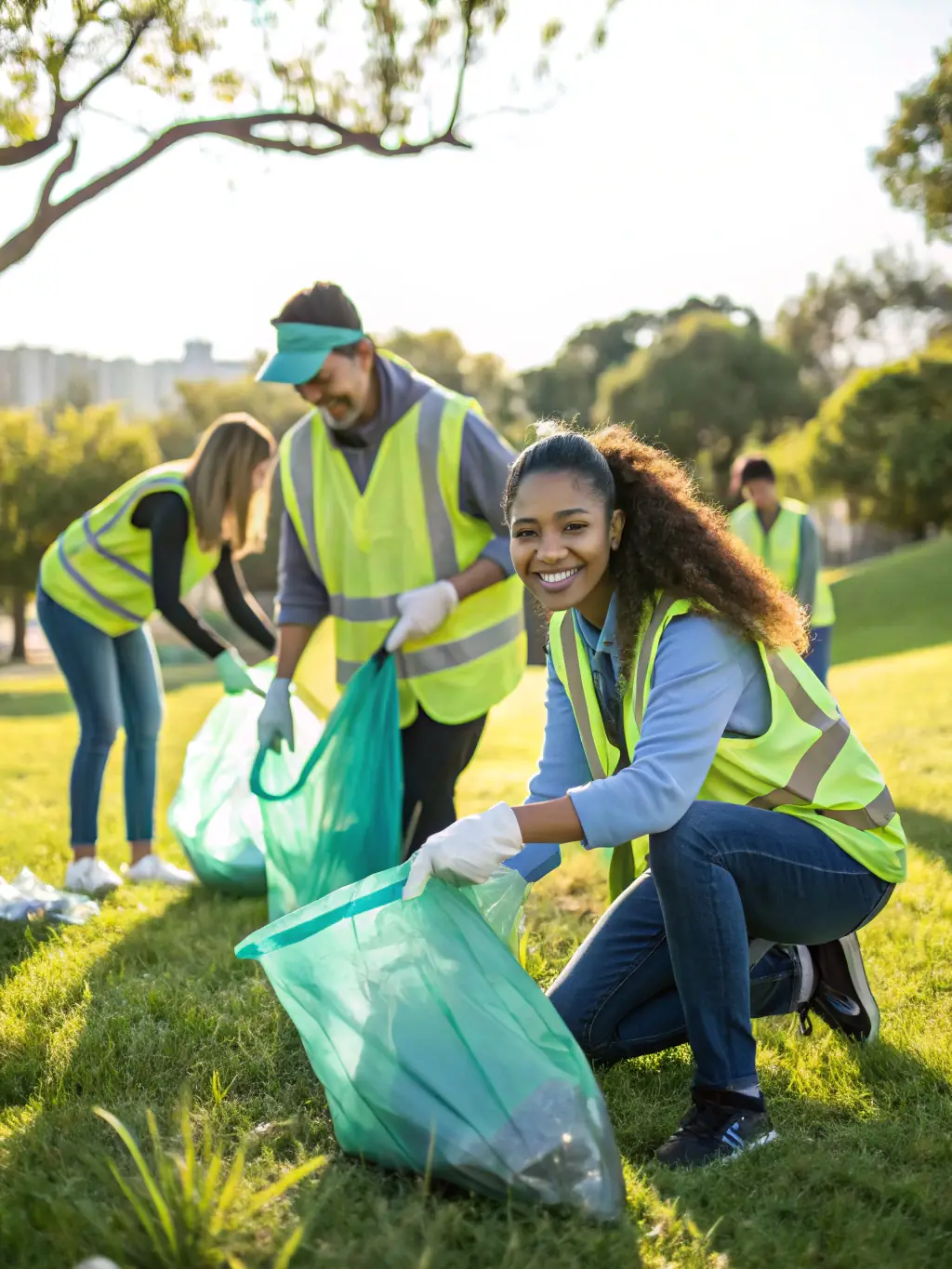 Volunteers cleaning up a local park during an environmental initiative organized by ALLOGNY SPORTS DETENTE ET LOISIRS, highlighting the organization's dedication to environmental respect.